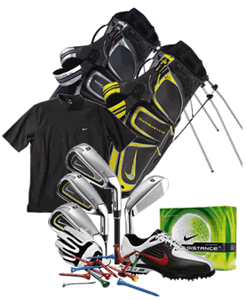 Golfausrüstung von Nike bei Golf House Bags, T-Shirt, Golfschläger, Golfschuh, Golfbälle und ein paar Tees