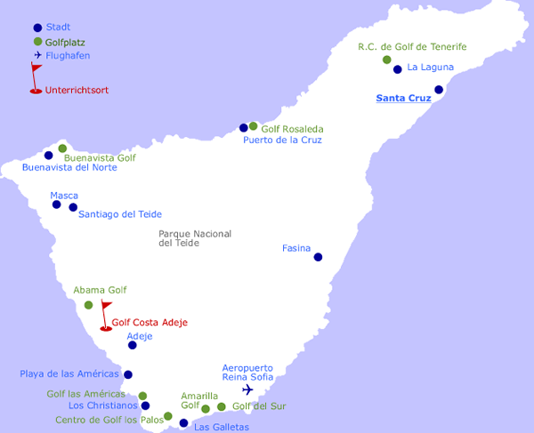 Karte Teneriffa Golfplätze und Unterrichtsorte auf Teneriffa