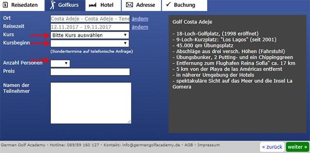 German Golf Academy Buchungstool