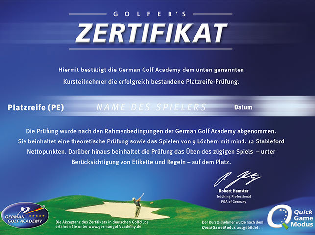 blaues Platzreife Zertifikat mit weisser Schrift und Logos