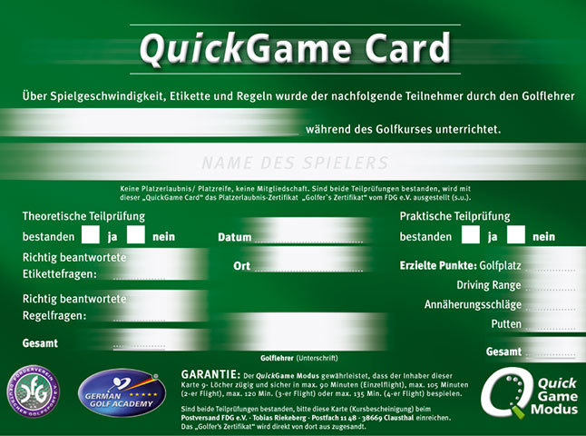 grüne QuickGame Card mit weisser Schrift und Logos